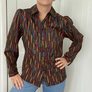 Vintage Lady Arrow Striped Button Front Blouse L